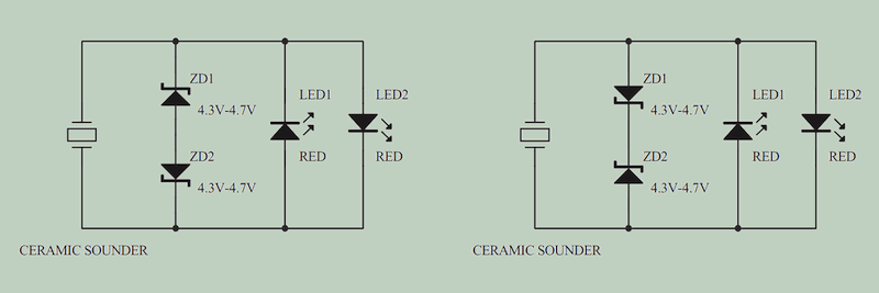 保護回路付きの振動発電LED発光回路（回路図）